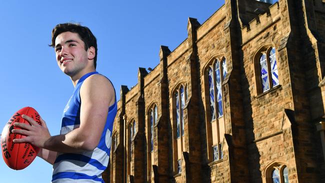 St Peter's College footballer Henry Nelligan pictured at the school after winning the the best-and-fairest award in 2019. Picture: Keryn Stevens/AAP