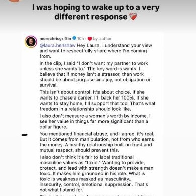 Laura Henshaw said she was disappointed by Chris Griffin’s response. Picture: Instagram