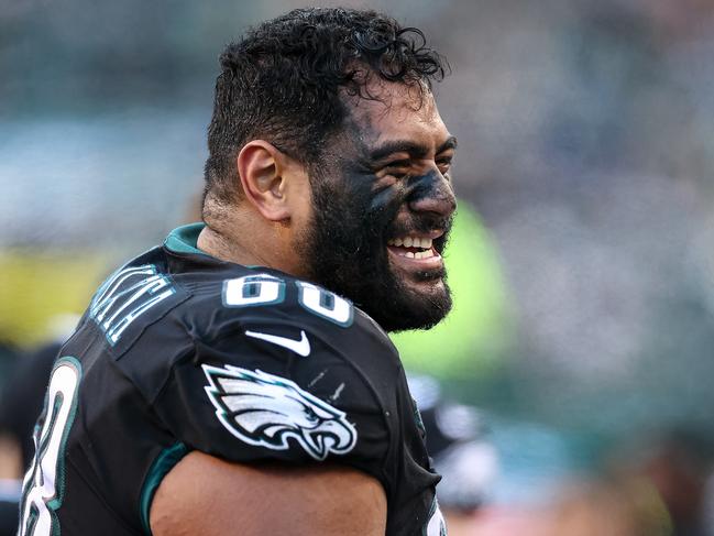 PHILADELPHIA, PA - DECEMBER 26: Jordan Mailata #68 of the Philadelphia Eagles celebrates during the second half of the game against the New York Giants at Lincoln Financial Field on December 26, 2021 in Philadelphia, Pennsylvania. (Photo by Scott Taetsch/Getty Images) No licensing by any casino, sportsbook, and/or fantasy sports organization for any purpose. During game play, no use of images within play-by-play, statistical account or depiction of a game (e.g., limited to use of fewer than 10 images during the game).