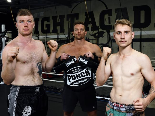 Muay Thai fighters Jack Chalker and Jesse Clarke, pictured with DF Gym coach Patrick Doherty, will both compete in the Elite Fight Series on Saturday night at the Brothers Leagues Club, Innisfail.