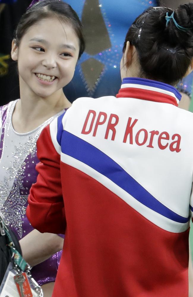 It’s the first Olympic Games for South Korea's Lee Eun-ju, left, pictured talking with her North Korean rival. Picture: AP Photo/Dmitri Lovetsky.