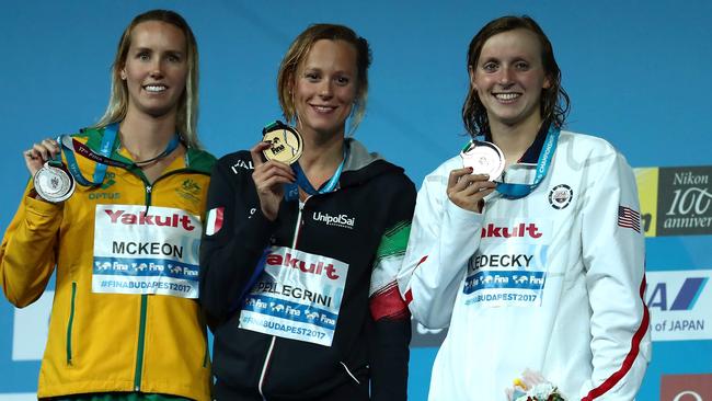 McKeon, Italy's Federica Pellegrini the US’s Katie Ledecky after the 200m freestyle final. Picture: AFP