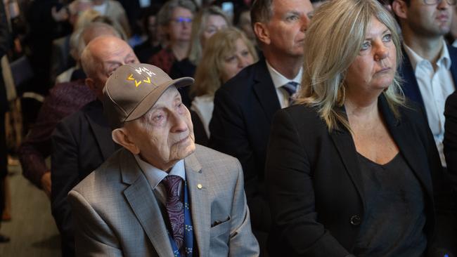 A holocaust survivor listens to Prime Minister Anthony Albanese. Picture: NCA Newswire / Nicki Connolly