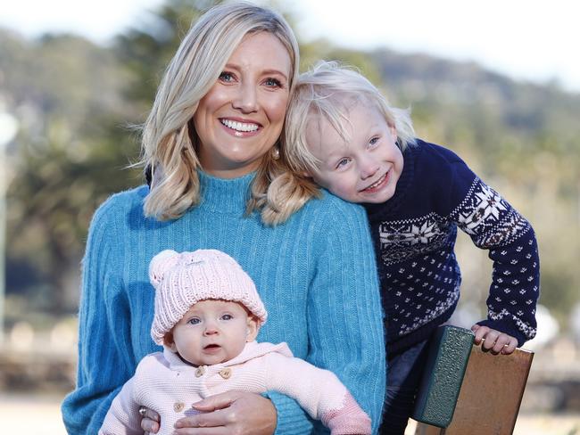DAILY TELEGRAPH 29TH JUNE 2023Pictured at North Narrabeen in Sydney is Channel 7 weather presenter 7 weather presenter Angie Asimus with her son Austin Abbott (3) and baby daughter Scarlett Abbott (6 months) Angie has started back at Channel from maternity leave.Picture: Richard Dobson
