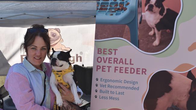 Ipswich 2023 Dog Day at Nicholas Street Precinct pictured is Lea Johnston owner of the Fluff Trough with dog Moose