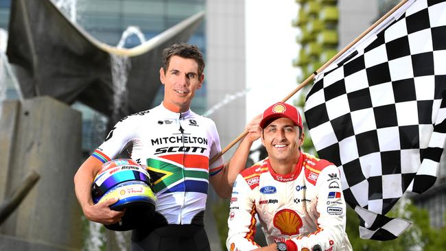 Mitchelton-Scott's Daryl Impey a two-time TDU champion with Super loop 500 driver Fabian Coulthard at Victoria Square. Picture: Tricia Watkinson