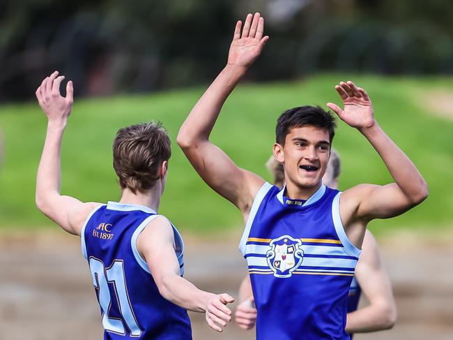 SA knockout footy grand final, Henley vs Sacred Heart.  Sacred Heart's Ash Moir celebrates kicking a goal, on August 24th, 2021, in Torrensville.Picture: Tom Huntley