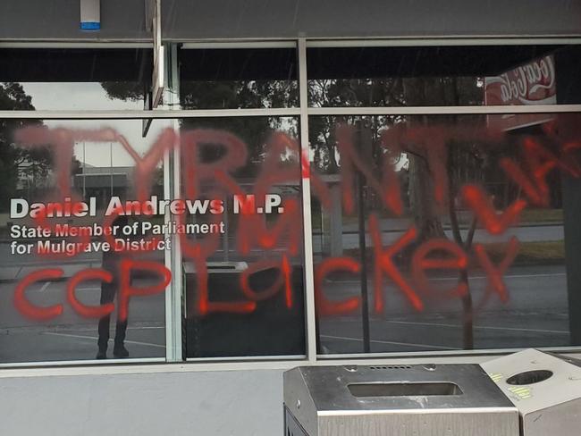 Hate graffiti spray painted on Victorian Premier Daniel Andrews electorate office in Noble Park has since been cleaned off. Picture: Kimberley Seedy