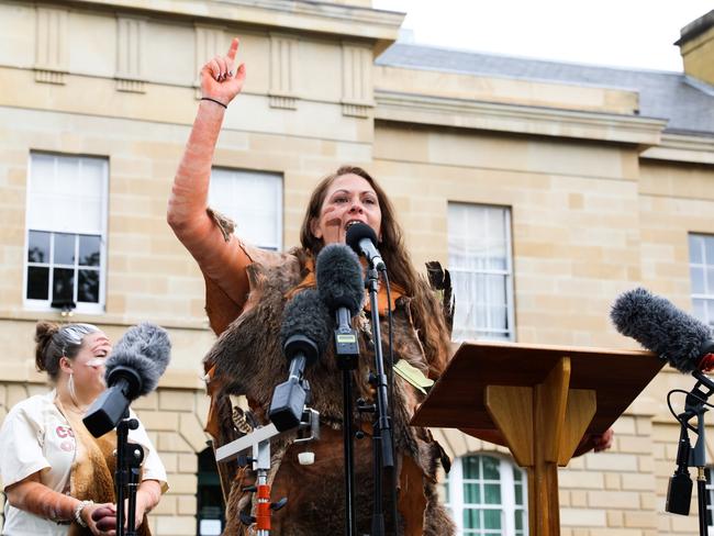 Sinsa Mansell speaks at an Invasion Day rally on Hobart’s Parliament Lawns. Picture: Mireille Merlet