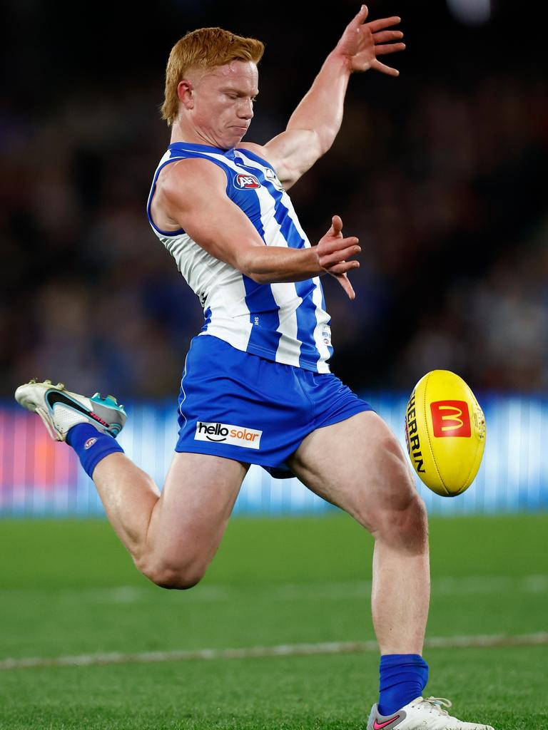 Blake Drury kicks at goal for North Melbourne during his AFL debut against St Kilda in 2023. Picture: Michael Willson/AFL Photos via Getty Images