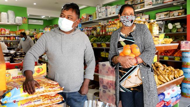 Pendle Hill locals Siva Kumarasivam and Shandrani Thavarajah shopping at Abie’s Fruit and Veggie Market. Picture: Jane Dempster