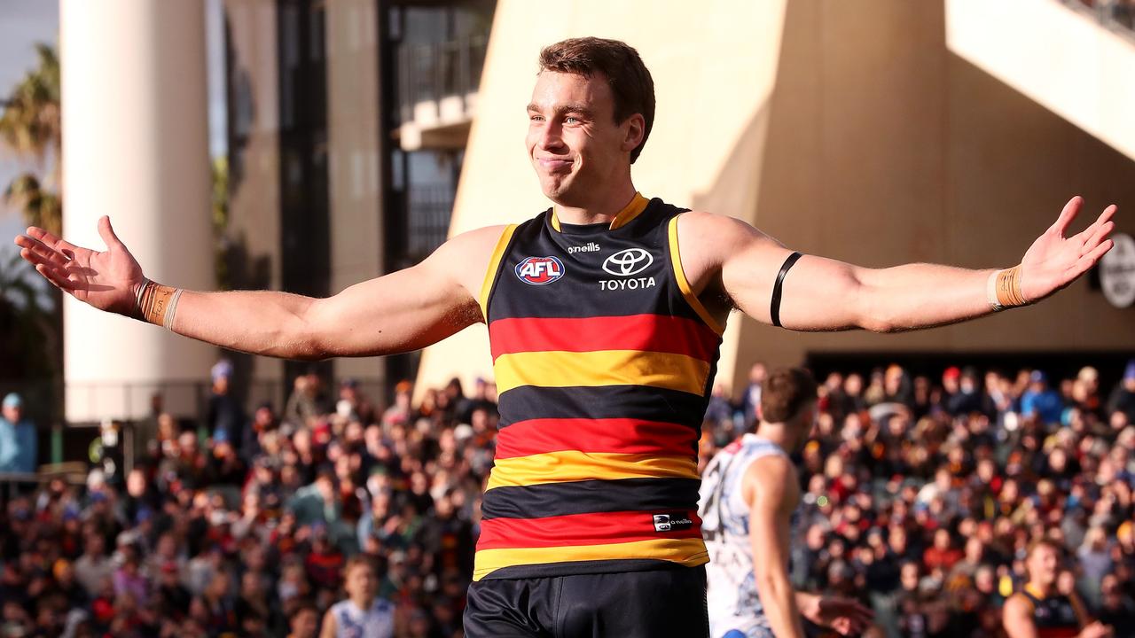 Thilthorpe celebrates a goal for the Crows. (Photo by Sarah Reed/AFL Photos via Getty Images)