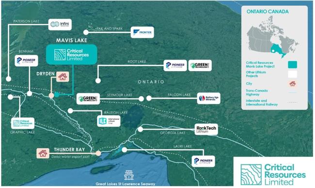 Critical Minerals' Mavis Lake and surrounding projects in Ontario. Source: CRR