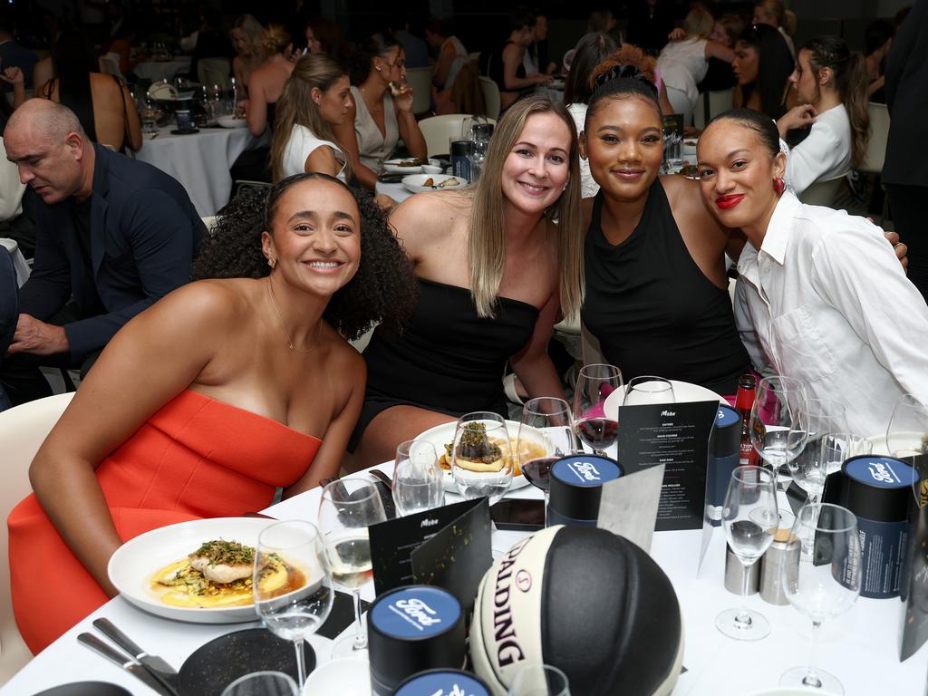 Geelong’s Haley Jones amd Keely Froling, and the Flyers’ Naz Hillmon and Tera Reed. Photo by Graham Denholm/Getty Images for WNBL