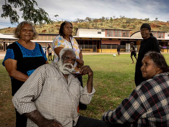 28-04-2023 - Alice Springs Indigenous elders behind the push to introduce an accommodation facility at Yipirinya School. Christine Davis, Brenda Inkamala, Patrick Nandy, Doris OÃBrien and Sarah Mangaraka. Picture: Liam Mendes / The Australian