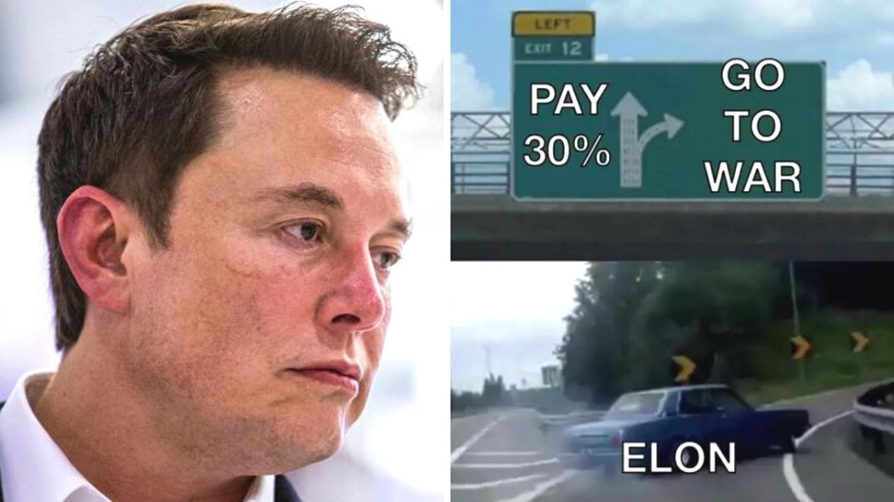 Elon Musk has backflipped on a major threat to Apple. Pictures: Philip Pacheco/AFP and Elon Musk/Twitter