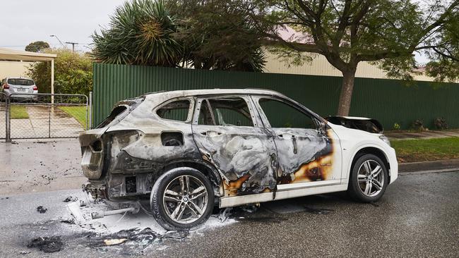 The remains of a stolen BMW found in Woodville West. Picture: Matt Loxton