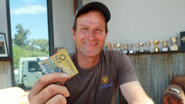 Horsham trainer Paul Preusker with his lucky $50 dollar note. Pic: Michael Klein