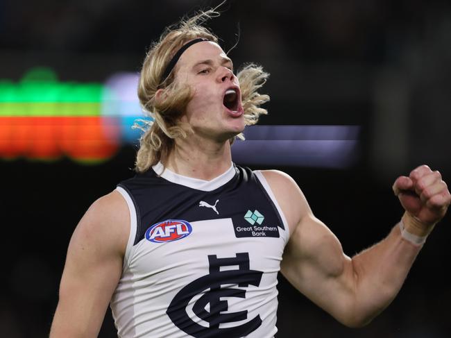 ADELAIDE, AUSTRALIA - MAY 30: Tom De Koning of the Blues celebrates a goal during the 2024 AFL Round 12 match between the Port Adelaide Power and the Carlton Blues at Adelaide Oval on May 30, 2024 in Adelaide, Australia. (Photo by James Elsby/AFL Photos via Getty Images)