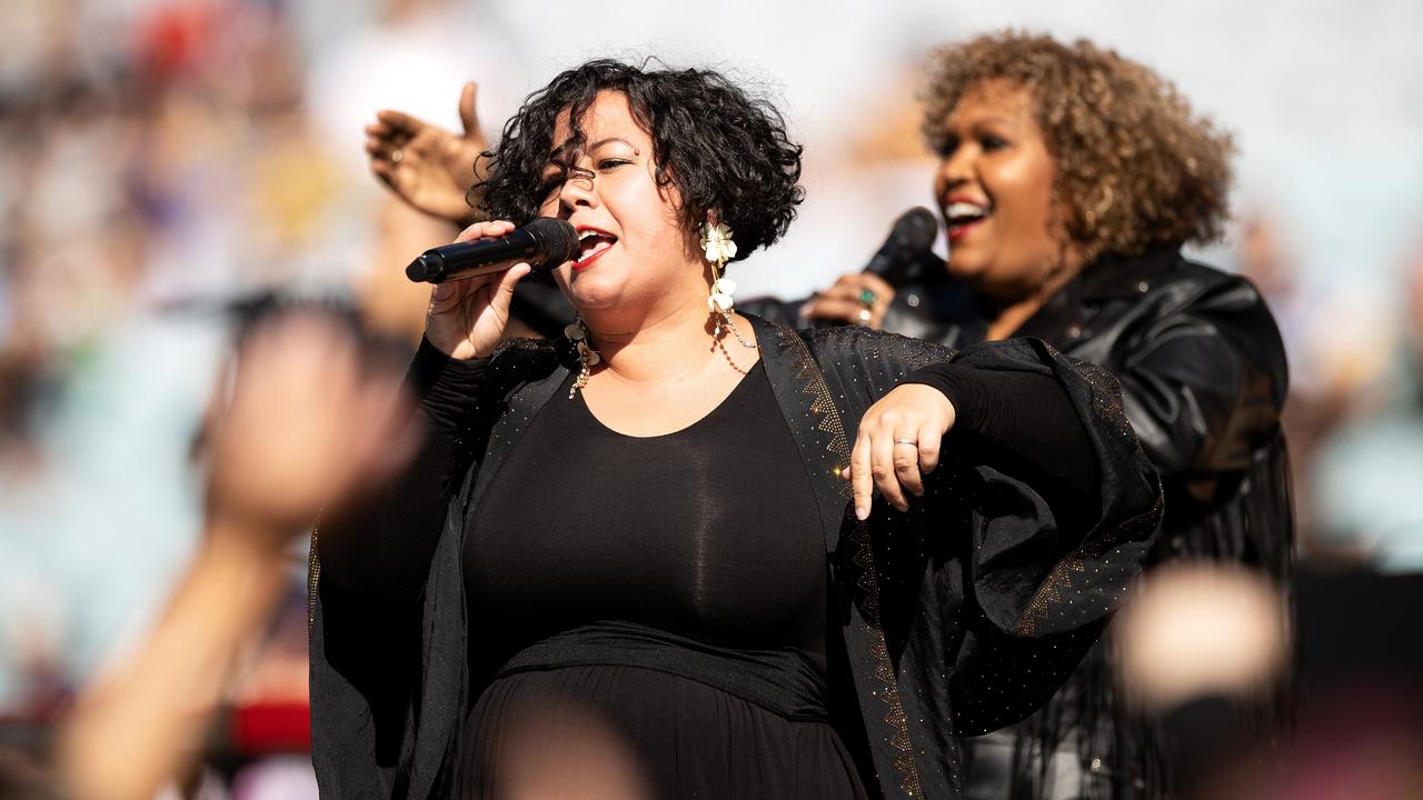 SYDNEY, AUSTRALIA - OCTOBER 02: Mahalia Barnes performs in the pre-match entertainment before the NRLW Grand Final. Photo by Mark Kolbe/Getty Images.