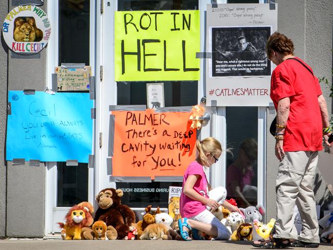 Outrage ... protesters leave signs and stuffed animals in front of Dr Walter Palmer's dental practice in Bloomington, Minnesota. Picture: Glen Stubbe/Star Tribune via AP