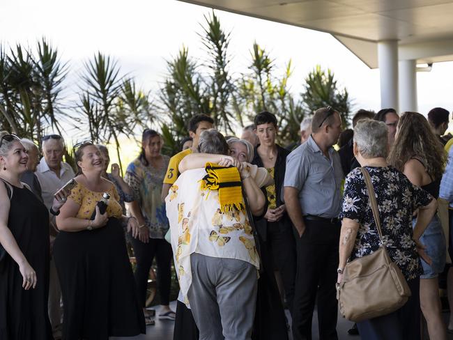 CAIRNS, AUSTRALIA - NCA NewsWire Photos - MARCH 31, 2023: Friends and family of stabbing victim Declan Laverty are pictured dressed in black and yellow in honour of DeclanÃ¢â¬â¢s favourite AFL team, the Richmond Tigers, as they attend his funeral memorial service in Cairns. Picture: NCA NewsWire / Emily Barker