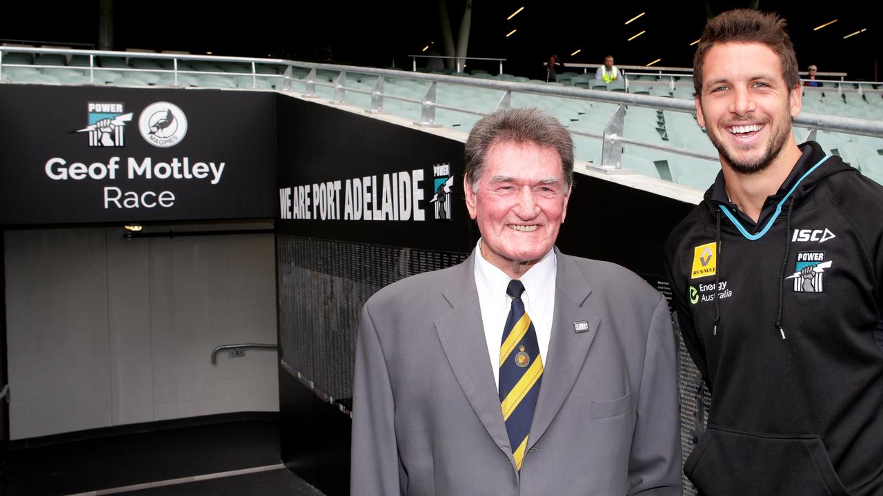 Legendary Port Adelaide footballer Geof Motley unveils the Geof Motley Race at Adelaide Oval with Travis Boak. Picture: Sarah Reed