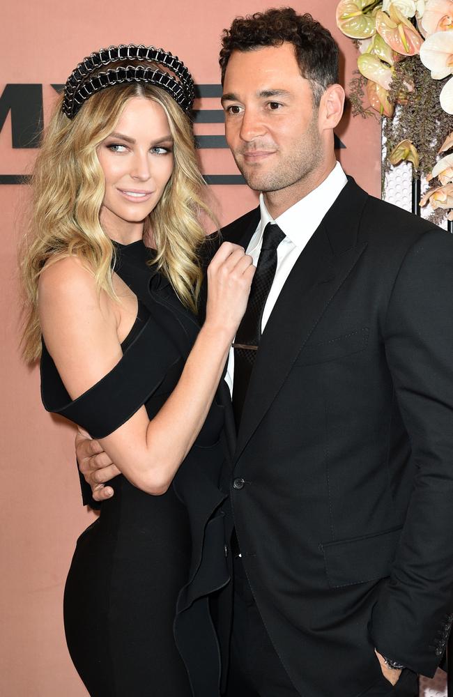 Jennifer Hawkins attended Derby Day at Melbourne’s Flemington Racecourse with her husband Jake Wall. Picture: Julian Smith.