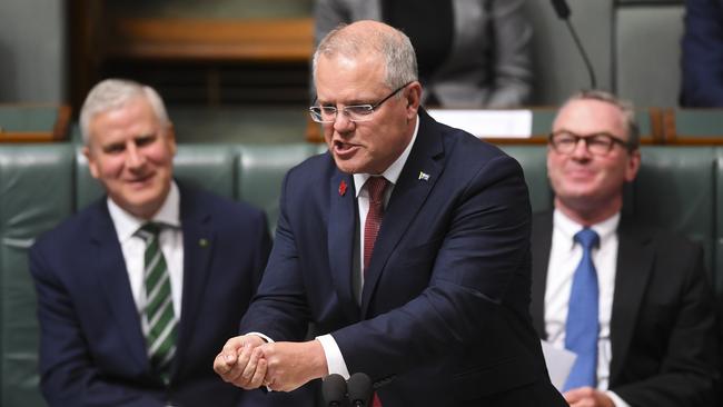 Australian Prime Minister Scott Morrison speaks during House of Representatives Question Time at Parliament House in Canberra, Thursday, October 25, 2018. (AAP Image/Lukas Coch) NO ARCHIVING