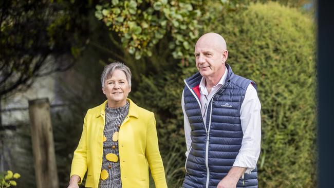 Premier Peter Gutwein and Liberal candidate Bec Enders in Huonville to announce a $13.8 jobs hubs promise. Picture: Richard Jupe