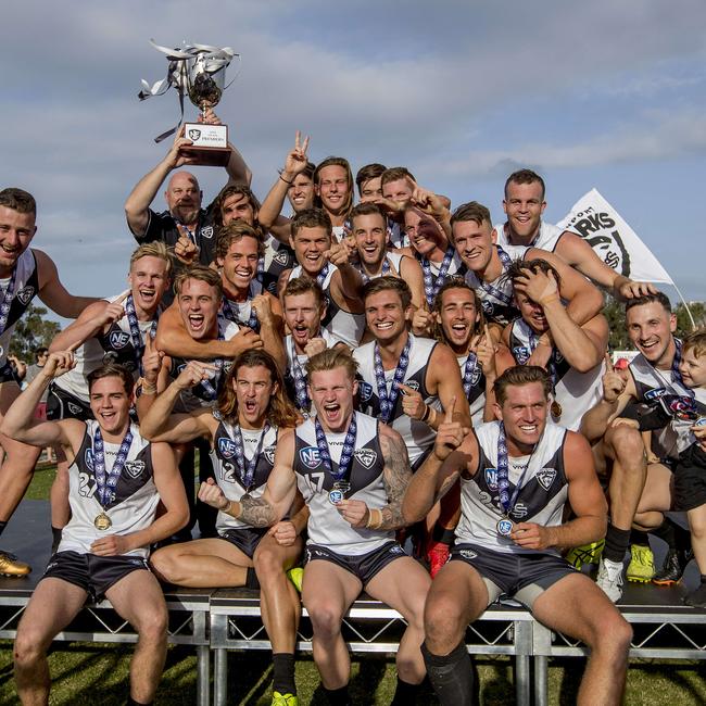 Grand final of the NEAFL between the Southport Sharks and the Sydney Swans at Fankhauser Reserve, Southport, on Sunday. The Southport Sharks celebrate their win over the Sydney Swans. Picture: Jerad Williams