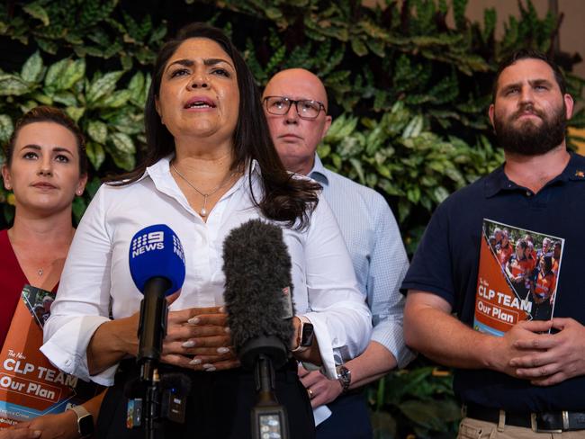 Lia Finocchiaro, Jacinta Nampijinpa Price, Peter Dutton and Clinton Howe in Darwin to discuss crime in the NT. Picture: Pema Tamang Pakhrin