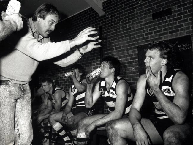 Geelong coach Malcolm Blight with players Gary Cameron, Austin McCrabb, Mark Bairstow and Billy Brownless.