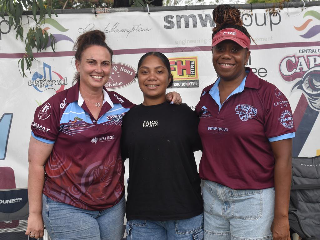 Belinda Malone with Cree and Elisa Bickey at the CQ Capras versus Mackay Cutters under-17 and under-19 pre-season trials at Rugby Park, Rockhampton, on February 1, 2025.