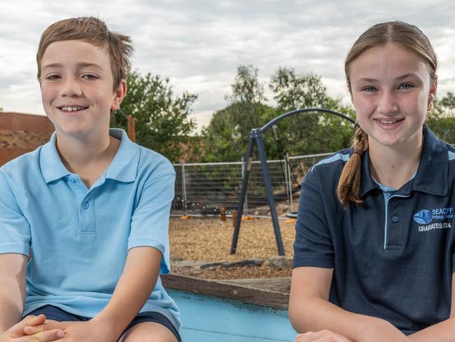 Bonnie,12 in grade 6 and Zac, 10 in grade 5 at Seacliff Primary School. Pictured on 17th October 2024. Picture: Ben Clark