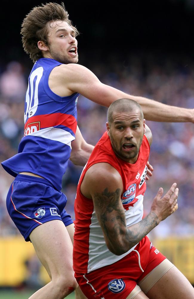 Joel Hamling played the game of his life against Sydney forward Lance Franklin in the Grand Final. Picture: Wayne Ludbey