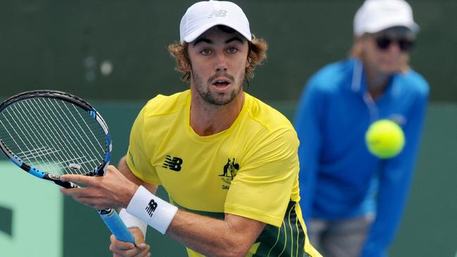 Jordan Thompson of Australia in action during the Australia vs the Czech Republic Davis Cup first round match.