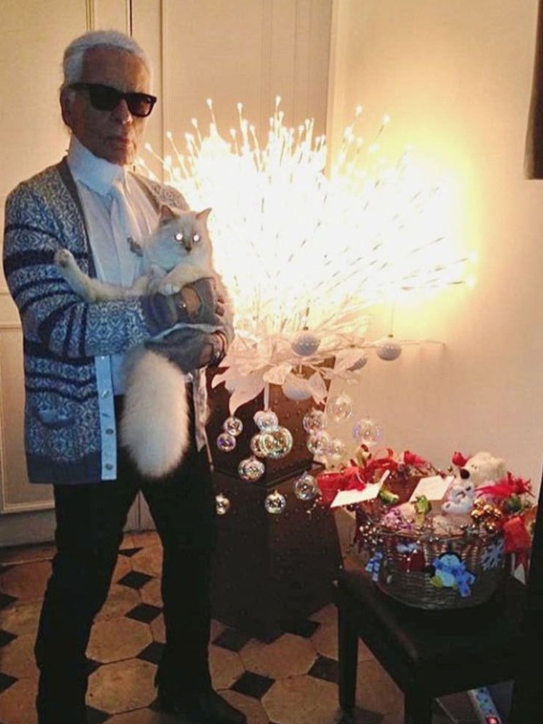 Lagerfeld and Choupette at Christmas in 2016. Picture: Instagram