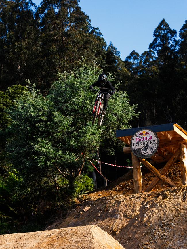 Darcy Coutts testing out the new Red Bull Hardline Tasmania track at Maydena Bike Park. Picture: Ryan Finlay.