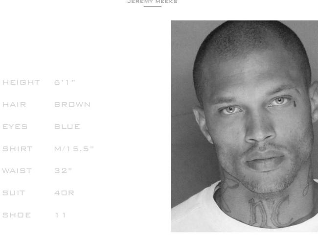 Model ambition ... Jeremy Meeks’ stats are listed on White Cross Management’s website alongside his mugshot. Picture: White Cross Management