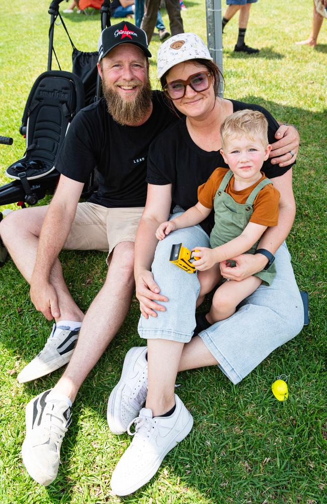 Luke and Ellie Harbeck with son Teddy at Wellcamp Airport 10th anniversary community day, Sunday, November 10, 2024. Picture: Kevin Farmer