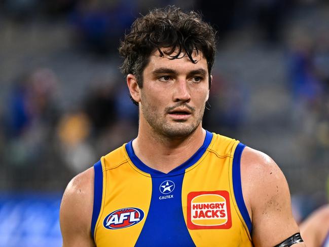 PERTH, AUSTRALIA - JUNE 08: Tom Barrass of the Eagles unhappy after the loss during the 2024 AFL Round 12 match between the West Coast Eagles and the North Melbourne Kangaroos at Optus Stadium on June 08, 2024 in Perth, Australia. (Photo by Daniel Carson/AFL Photos via Getty Images)