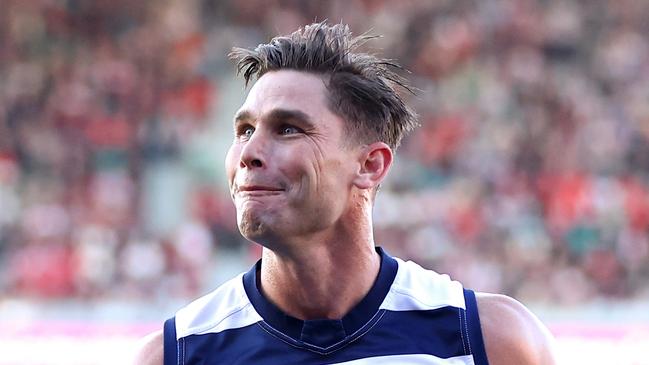 SYDNEY, AUSTRALIA - JUNE 09: Tom Hawkins of the Cats celebrates after kicking a goal during the round 13 AFL match between Sydney Swans and Geelong Cats at SCG, on June 09, 2024, in Sydney, Australia. (Photo by Brendon Thorne/AFL Photos/via Getty Images)