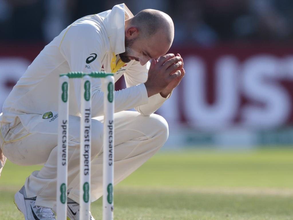 Nathan Lyon reacts after a tough finish to the third Ashes Test.