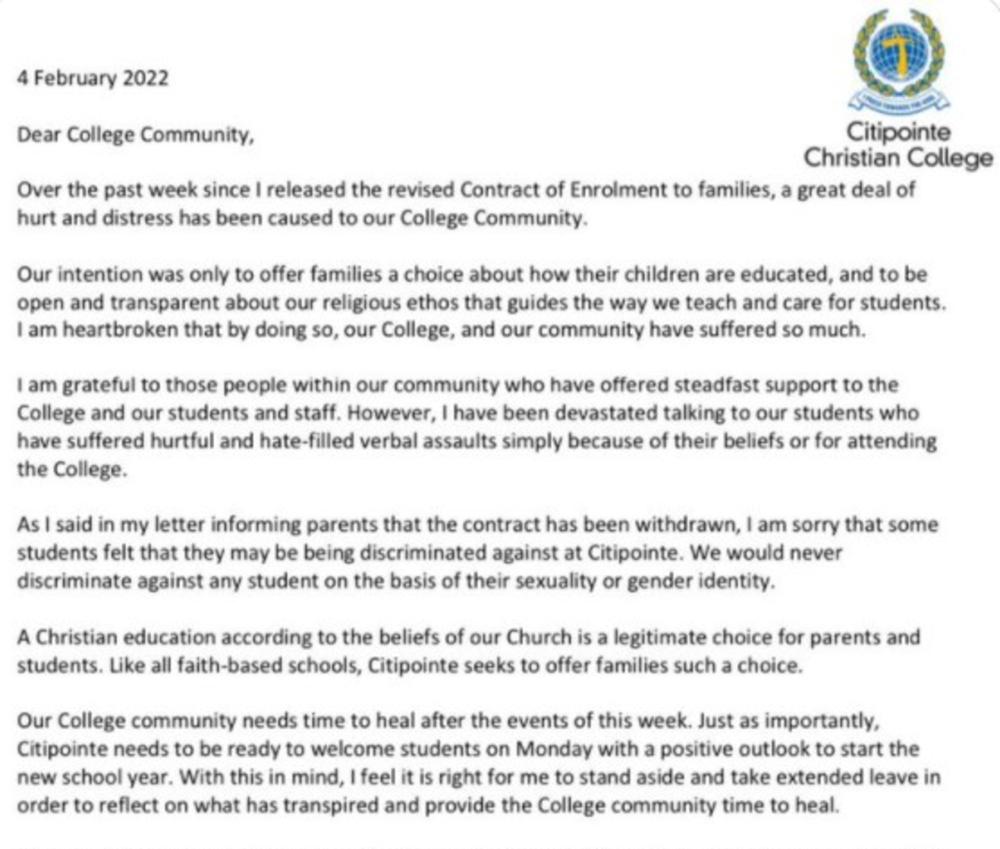 An extract from a statement released by Citipointe principal Brian Mulheran announcing his decision to step aside.