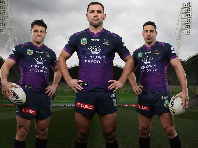 Cameron Smith with Cooper Cronk and Billy Slater. Pic: Michael Klein