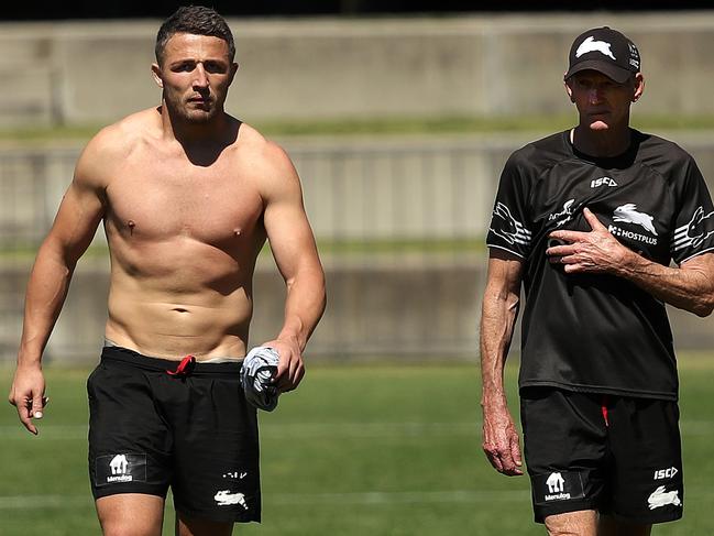 Burgess with South Sydney coach coach Wayne Bennett. Picture. Phil Hillyard