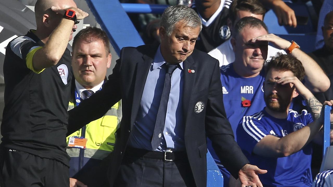 (FILES) In a file picture taken on October 31, 2015 Chelsea's Portuguese manager Jose Mourinho (C) gestures during the English Premier League football match between Chelsea and Liverpool at Stamford Bridge in London. Former Chelsea team doctor Eva Carneiro is launching an individual legal claim against the club's embattled manager Jose Mourinho, Britain's Press Association reported on November 2, 2015. Carneiro's reported claim against Mourinho is further bad news for the 52-year-old, whose position is under scrutiny after Chelsea lost six of their first 11 Premier League games and slumped to 15th place in the table. AFP PHOTO / JUSTIN TALLIS RESTRICTED TO EDITORIAL USE. No use with unauthorized audio, video, data, fixture lists, club/league logos or 'live' services. Online in-match use limited to 75 images, no video emulation. No use in betting, games or single club/league/player publications.