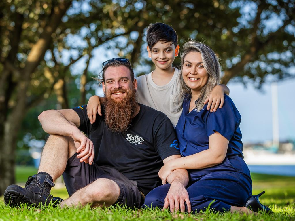 Aussie first home buyers Aaron Heidke and his wife Kristy and son Josh, 10. Picture: Nigel Hallett