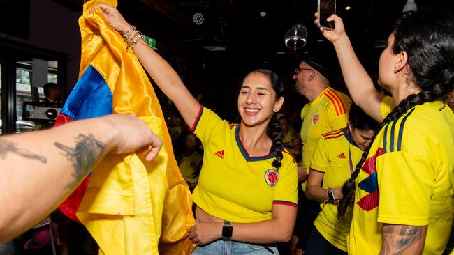 Boisterous Colombian supporters watching their national side take on Argentina in the 2024 Copa America Final at the Lost Arc, Darwin. Picture: Pema Tamang Pakhrin.